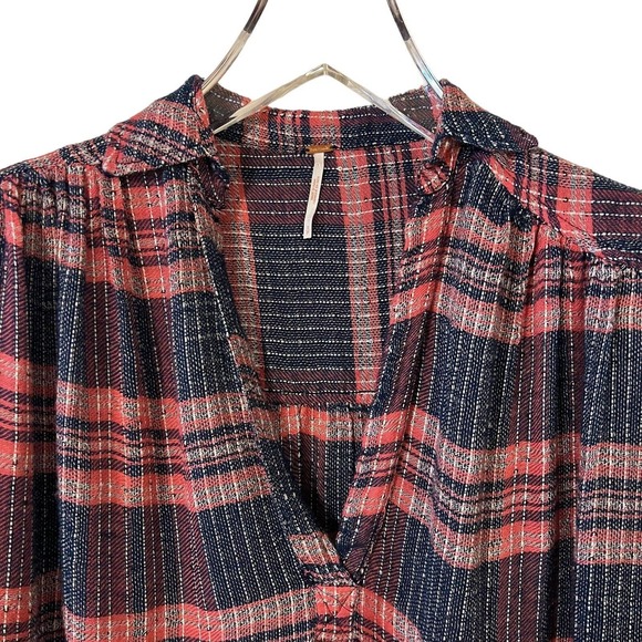 Free People Fearless Love Pink Blue Plaid Sequin Boho Button-Down Shirt - SP - Picture 2 of 10